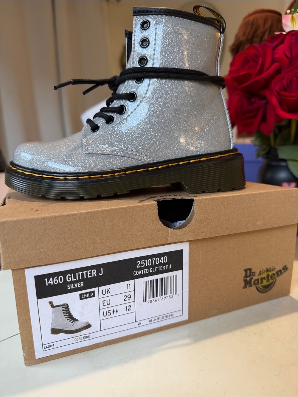 Dr. Martens Kids Silver Glitter Lace-Up Boot
